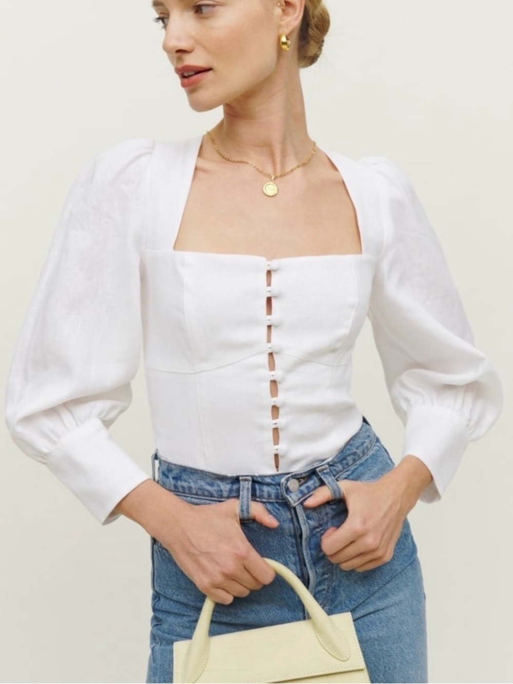 Reformation Micah Balloon Sleeve Blouse Top Linen White Button Front Size 0